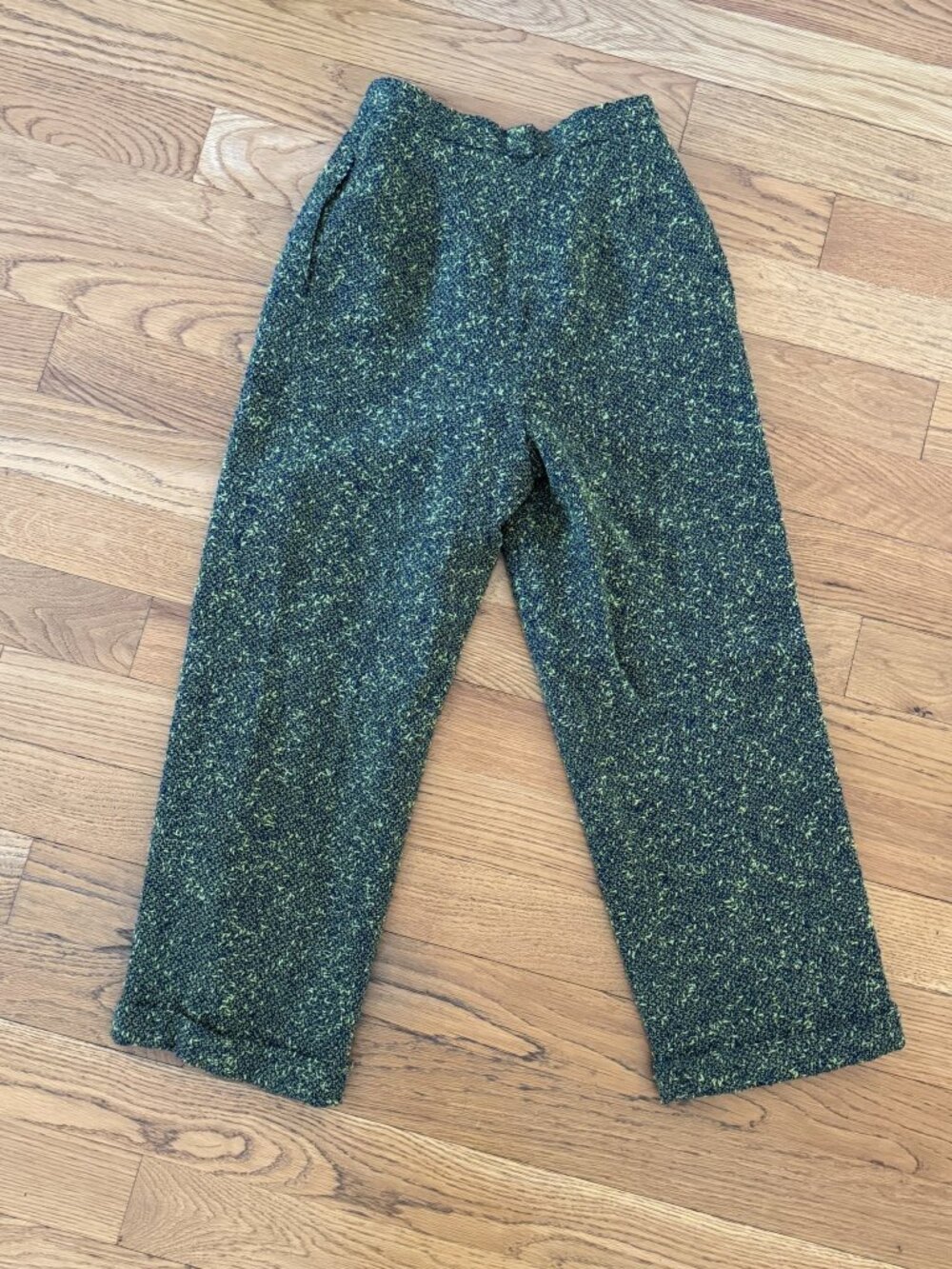 Vintage Miss Chloe Green Tweed Pleated Cuffed Trousers Lined Size 40